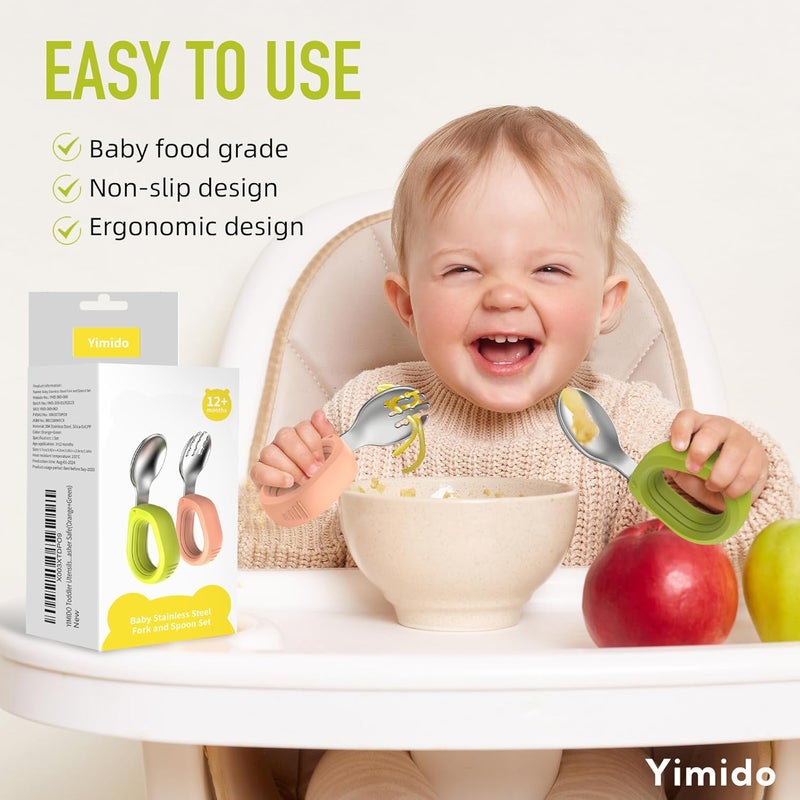 yimido Toddler Utensils - Baby Forks and Spoons Set - Kids Stainless Steel Silverware - Children Safe - Self Feeding - Dishwasher Safe (Orange + Green) - Image 4